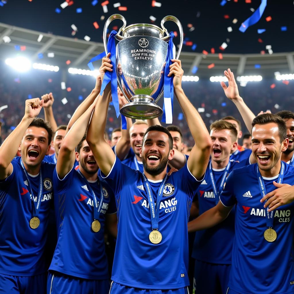 Juan Mata ăn mừng chức vô địch Champions League cùng Chelsea