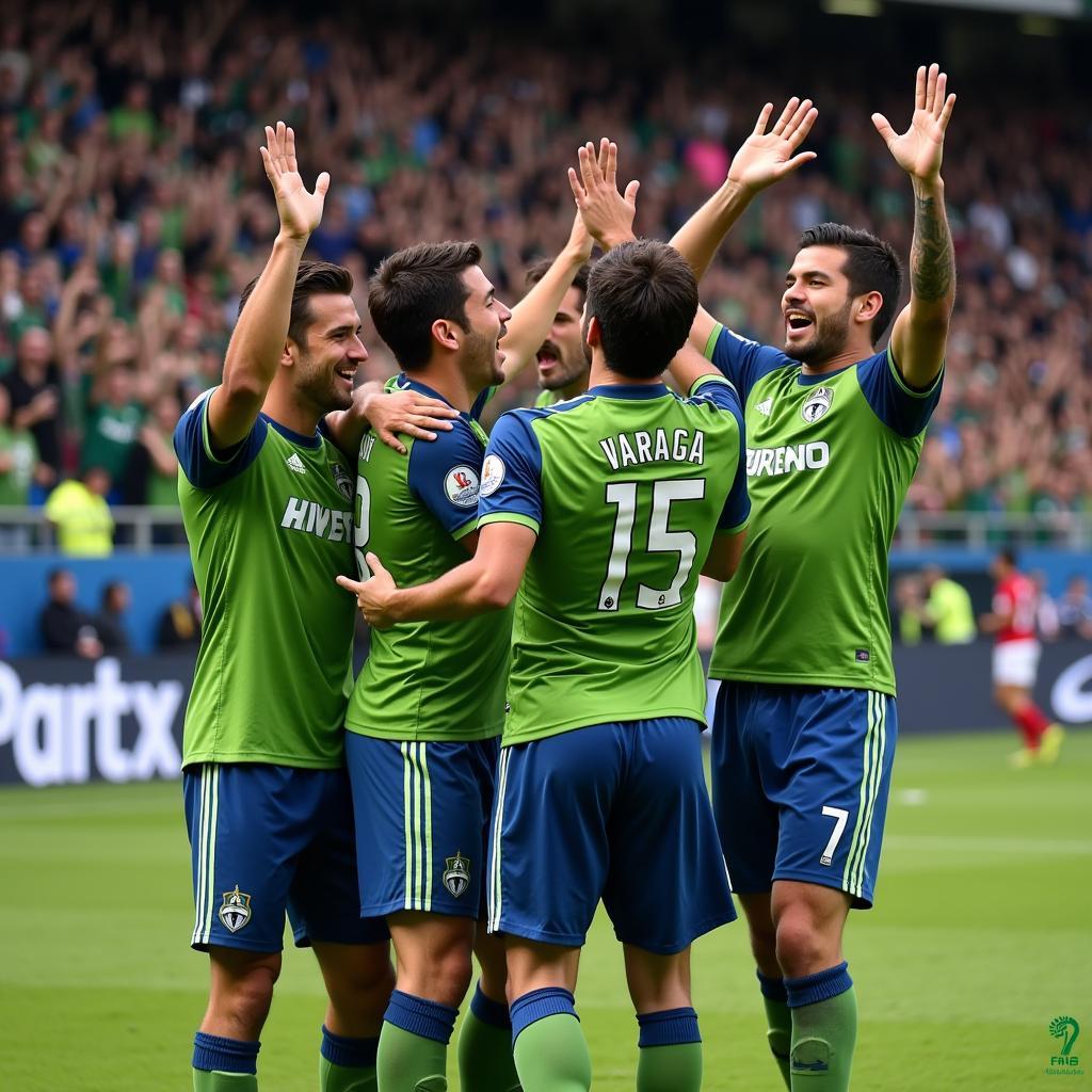 Juan Pablo Vargas ăn mừng bàn thắng cùng đồng đội Seattle Sounders