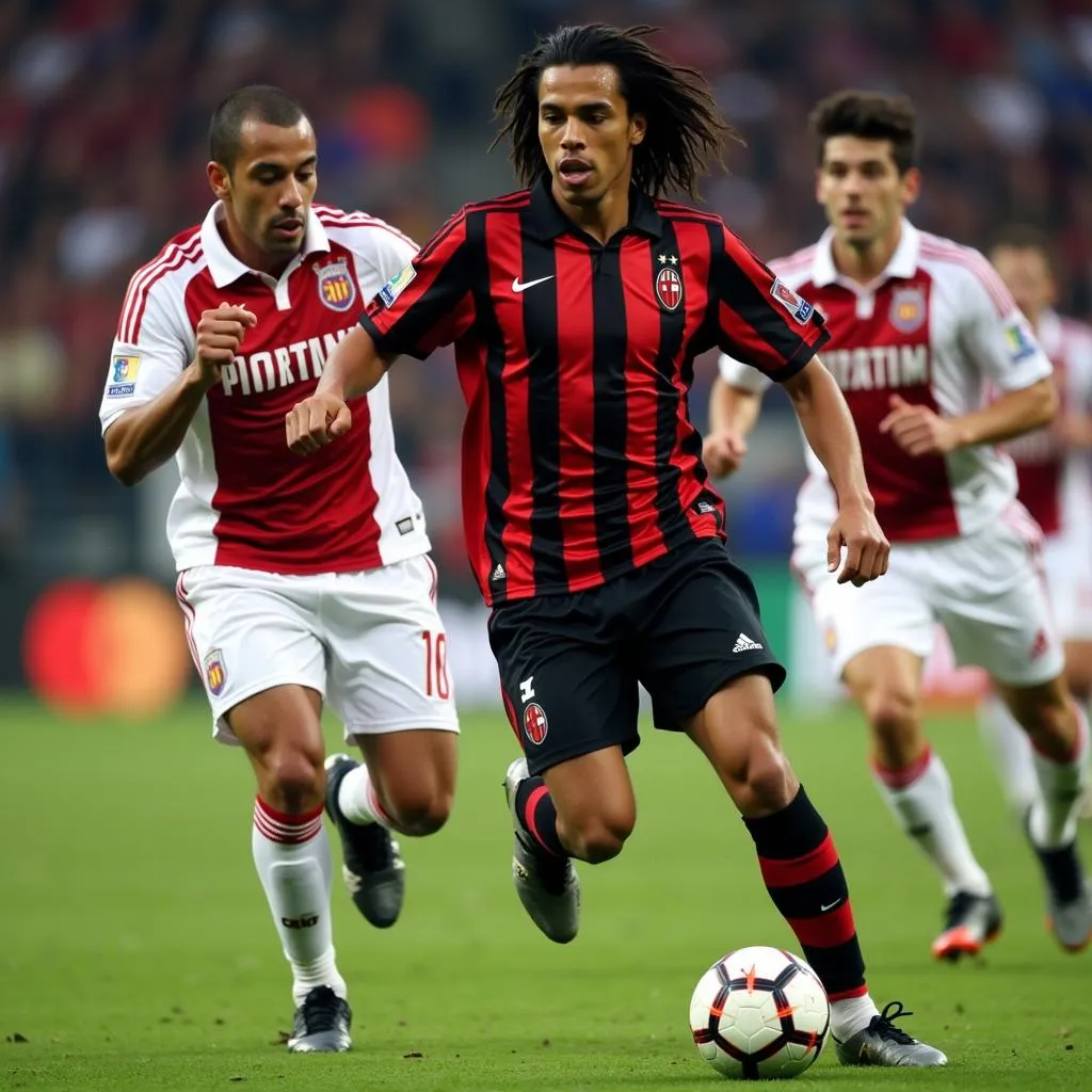 Kaka dribbling past opponents wearing his iconic AC Milan number 8 jersey