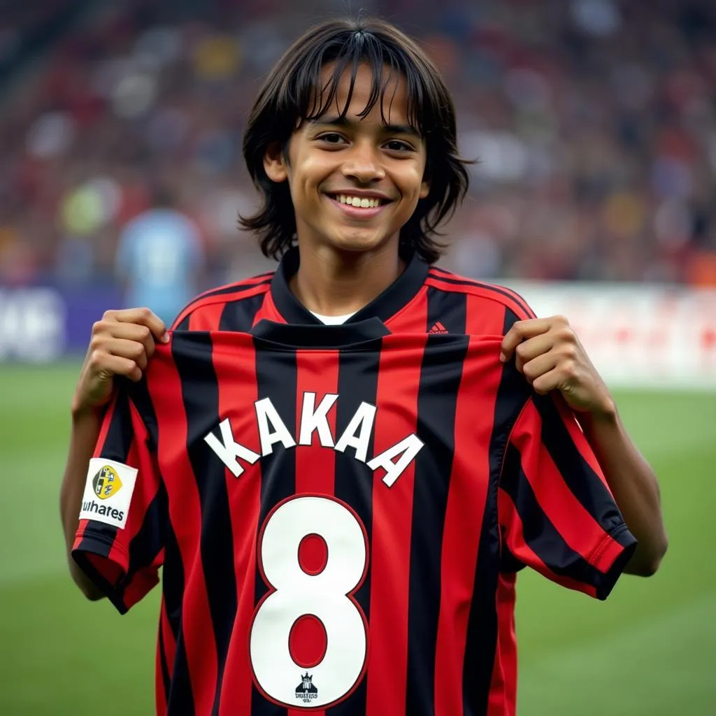 Kaka holding up a number 8 AC Milan jersey