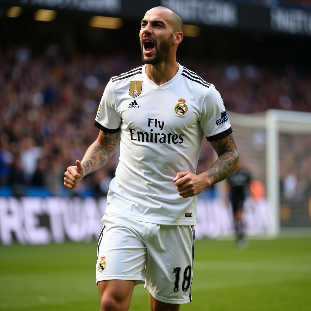 Karim Benzema celebrates a goal with his signature shaved head