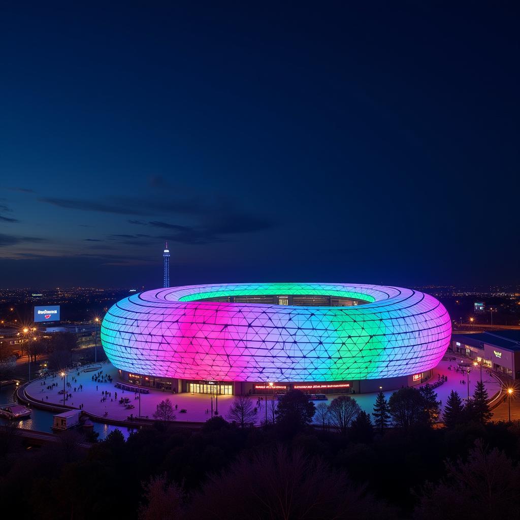 Kazan Arena brightly illuminated at night