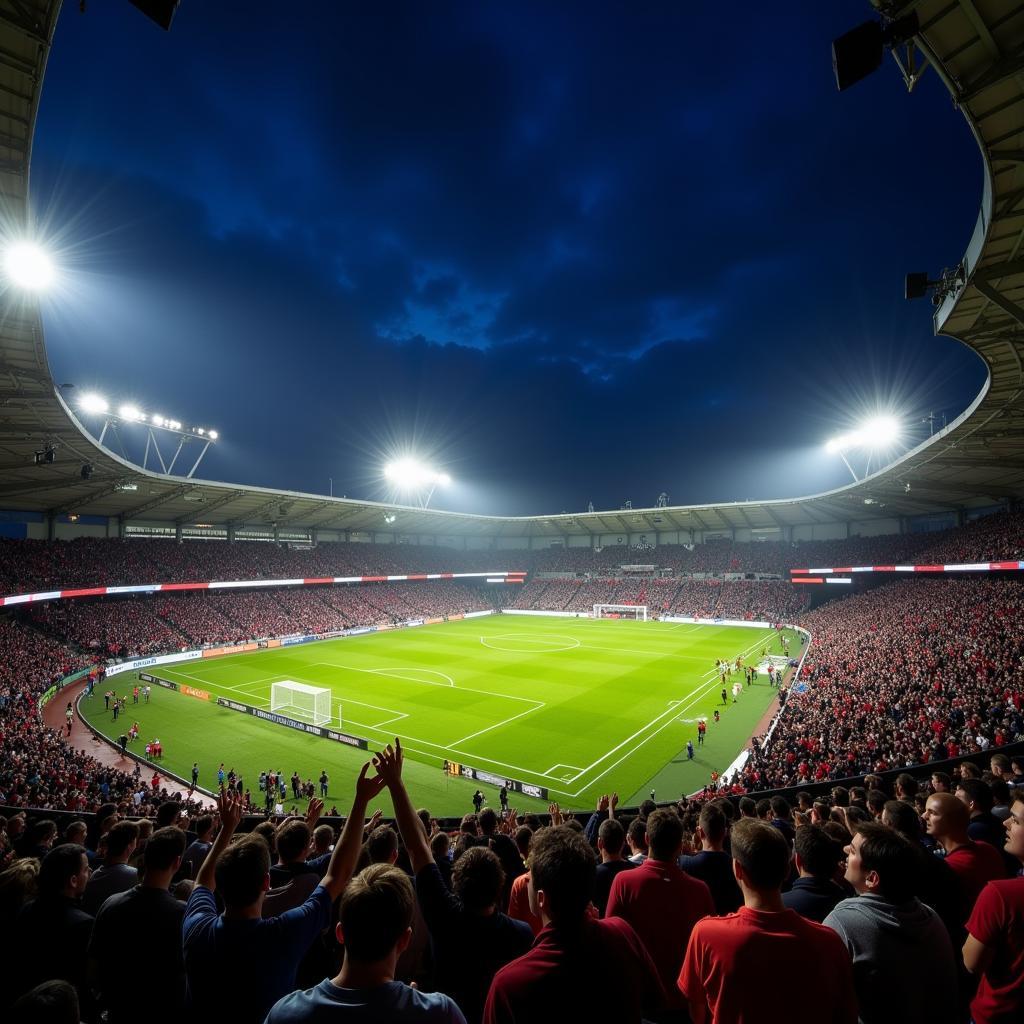 Toàn cảnh khán đài Linfield Football Stadium trong một trận đấu đêm