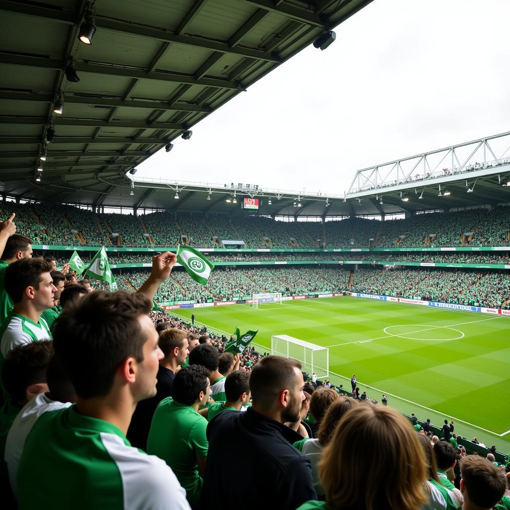 Cận cảnh khán đài sân vận động Stadion Wolfsburg trong một trận đấu