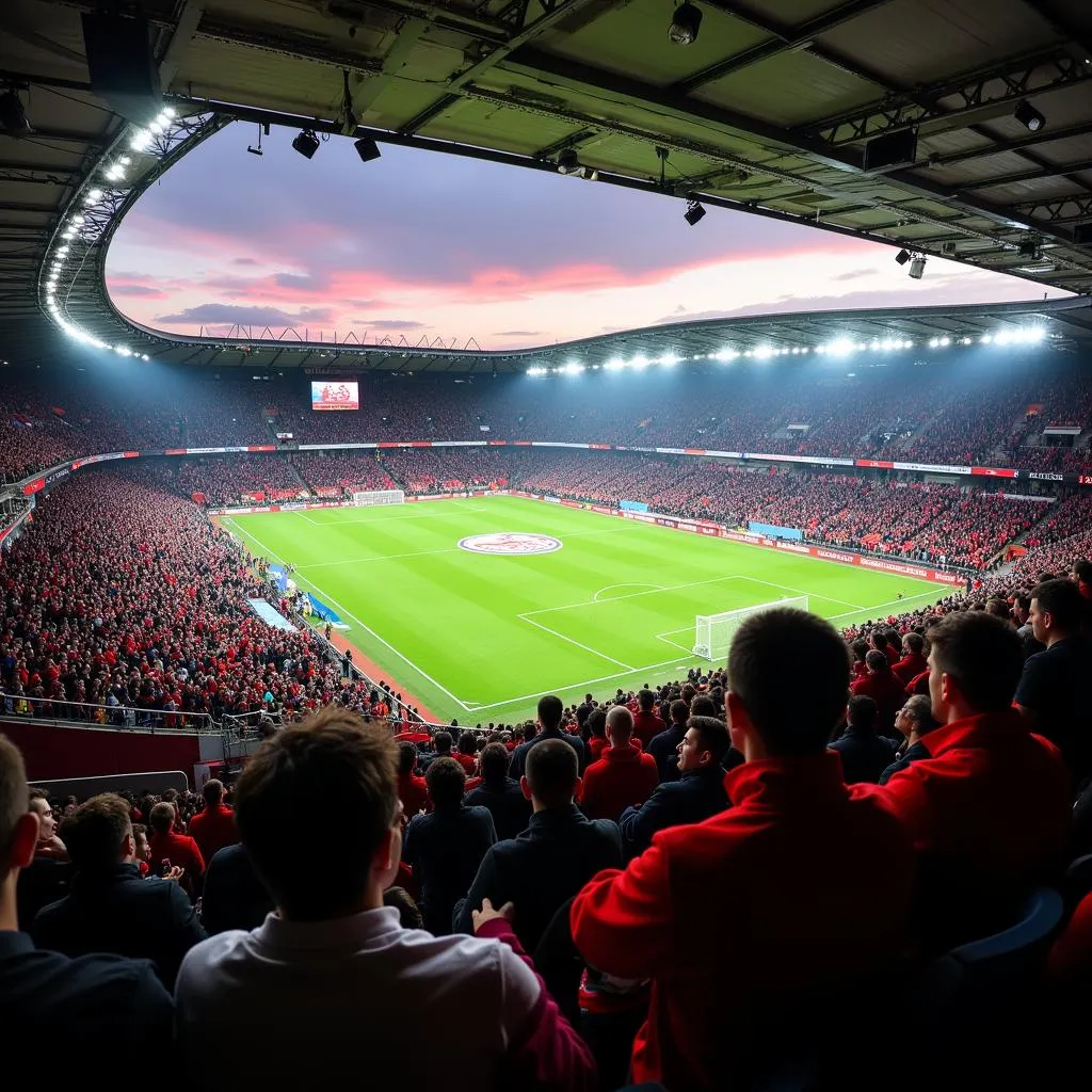 Khán đài Stade de Martyrs chật kín khán giả trong một trận đấu bóng đá quan trọng, không khí s뜨거운 열기와 열정이 가득한 경기장을 가득 메운 관중석.