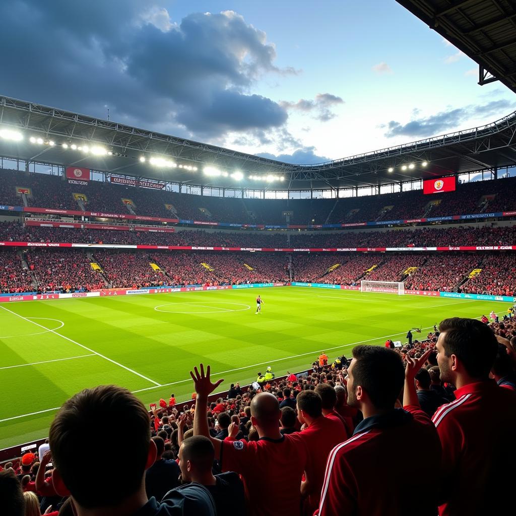 Cận cảnh khán đài Basel Soccer Stadium chật kín khán giả trong một trận đấu bóng đá, với không khí cuồng nhiệt, cờ hoa rực rỡ, và tiếng hò reo vang dội.