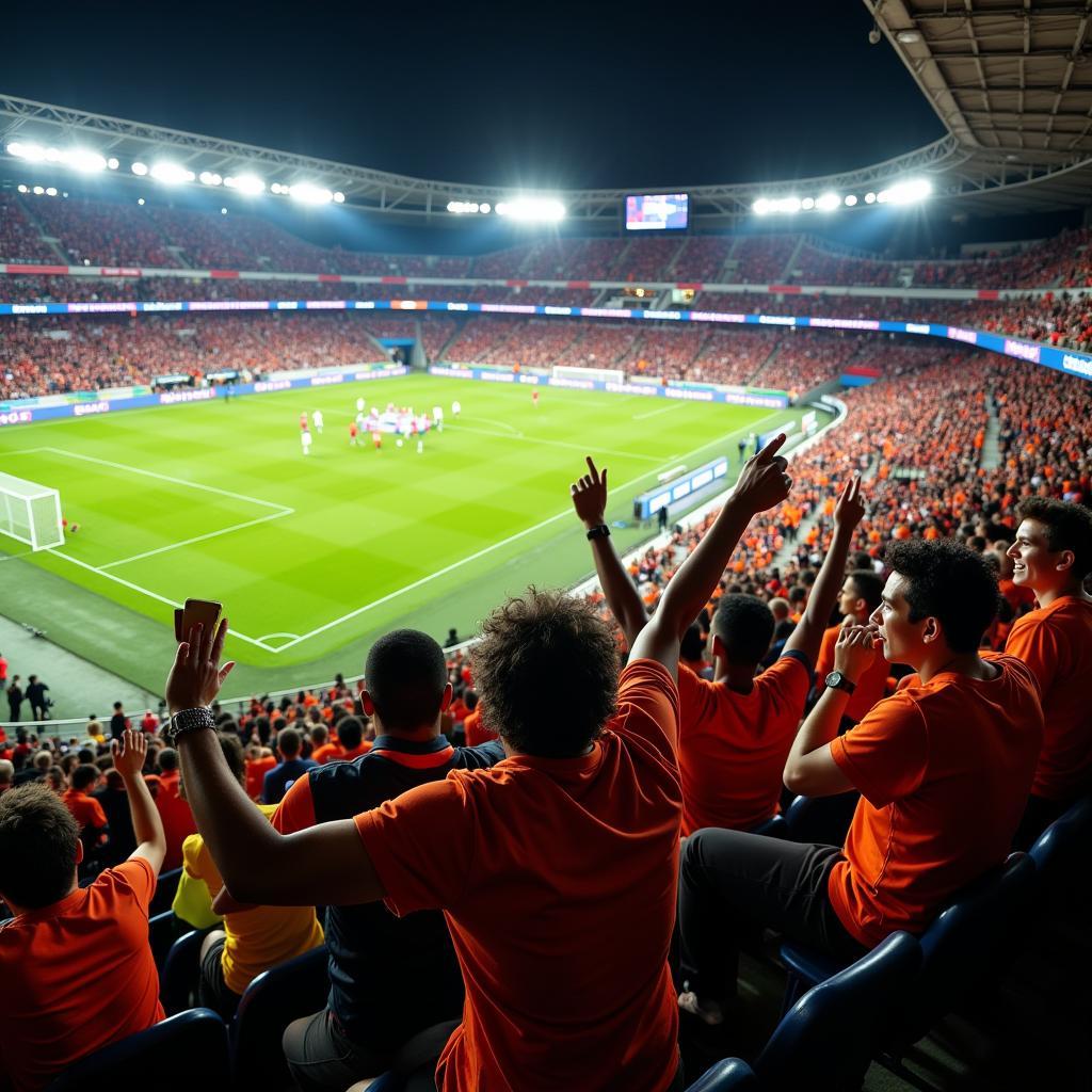 Hình ảnh khán giả reo hò cổ vũ cuồng nhiệt trên khán đài của Stade Saputo Stadium trong một trận đấu quan trọng.