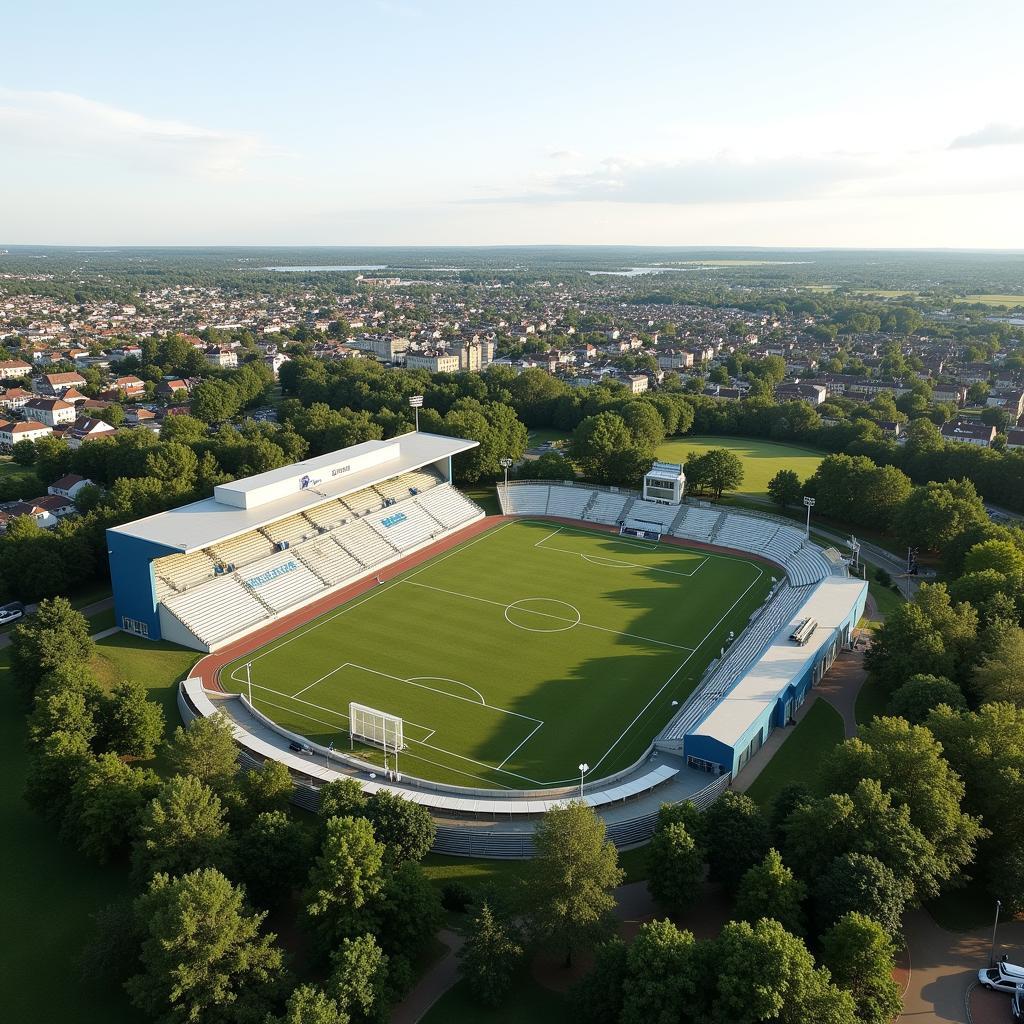 Exterior view of Hjørring Stadium set against the backdrop of the town