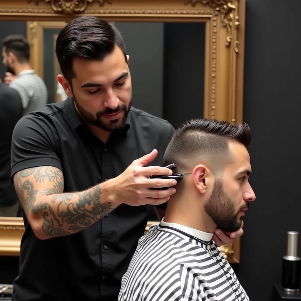 A man getting an Aguero haircut at a barbershop.