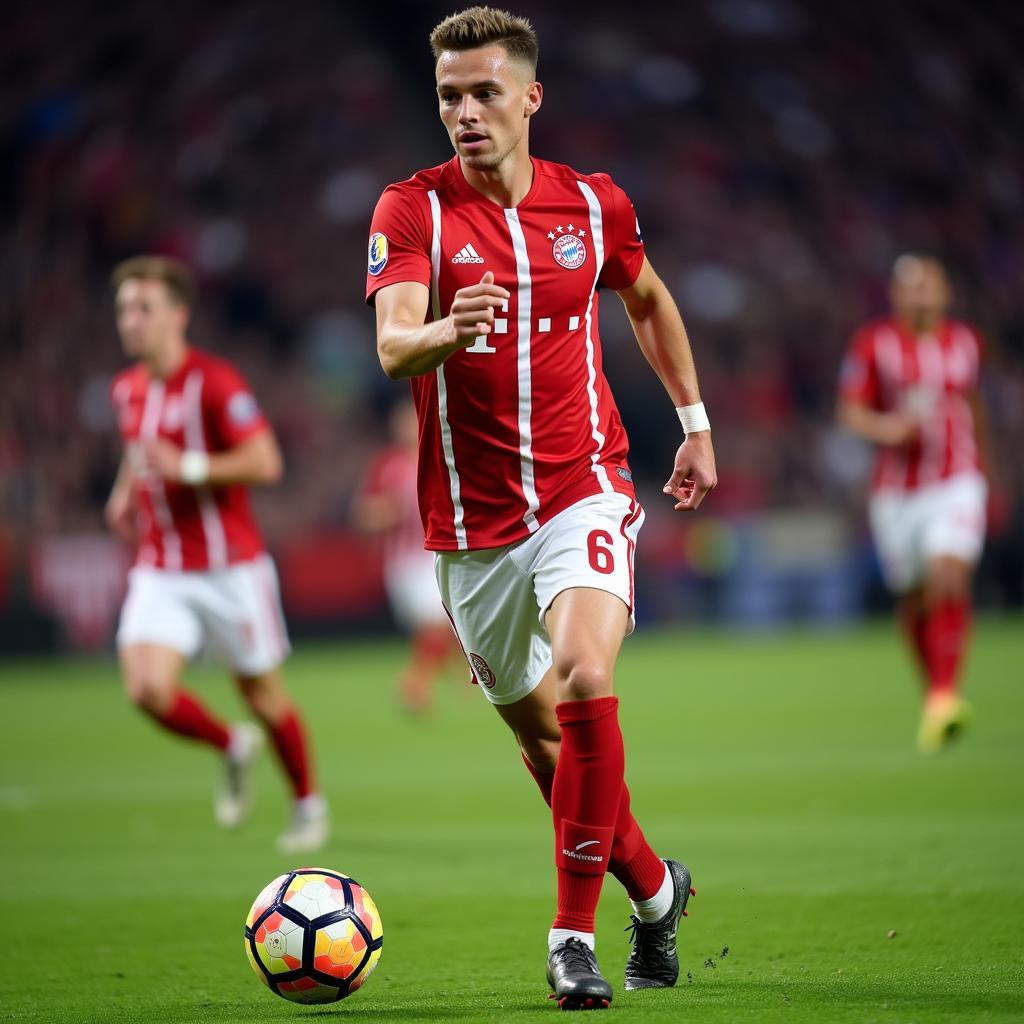 Kimmich confidently controlling the midfield in his Bayern Munich number 6 jersey.