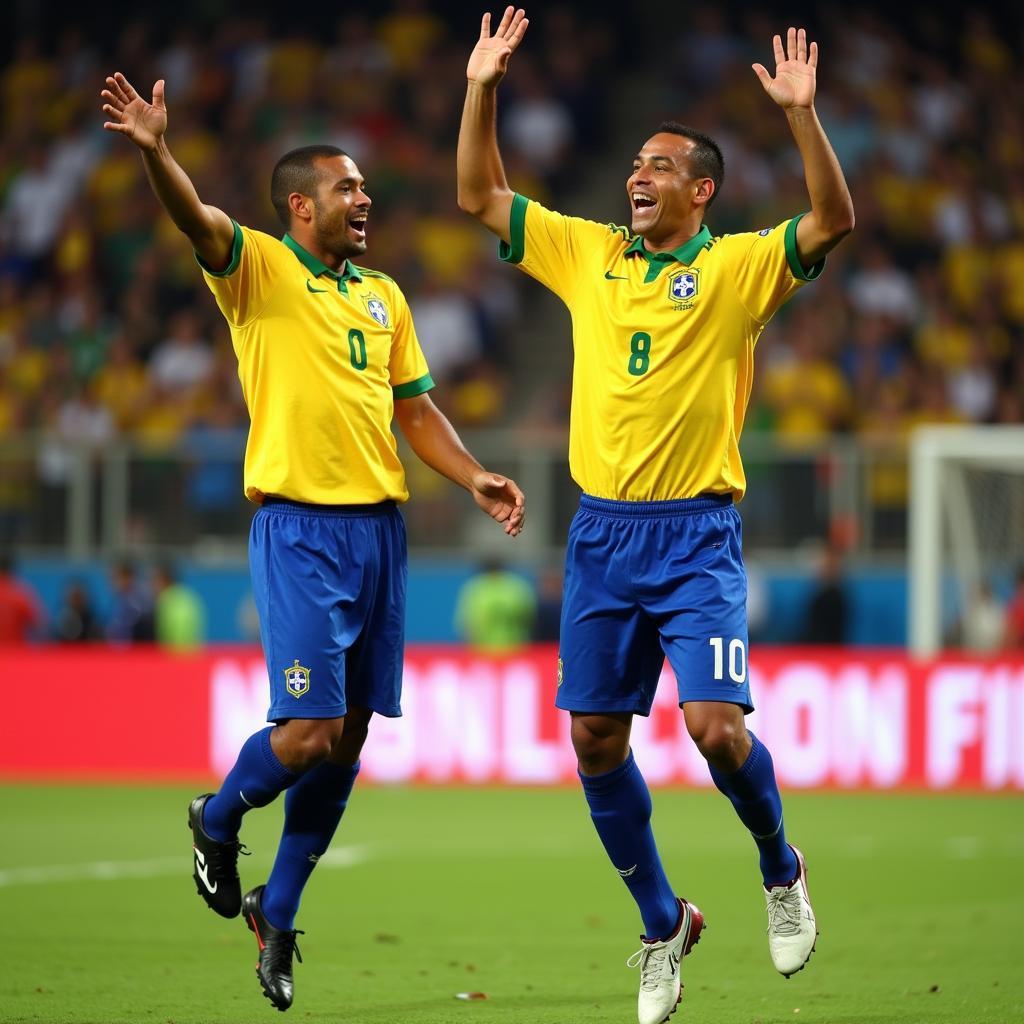 Kléberson celebrating a goal with Roberto Carlos during the 2002 World Cup.