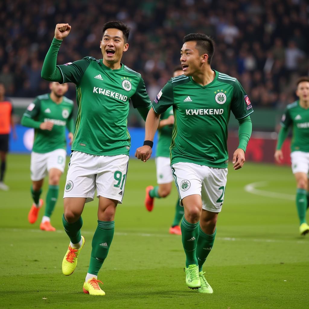 Koo Ja-cheol ăn mừng bàn thắng trong màu áo Wolfsburg