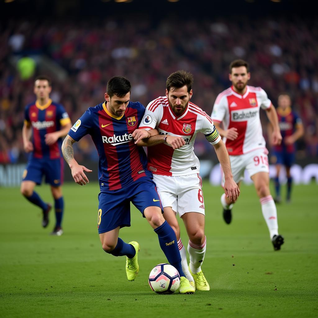 Lionel Messi dribbling through a crowd of players