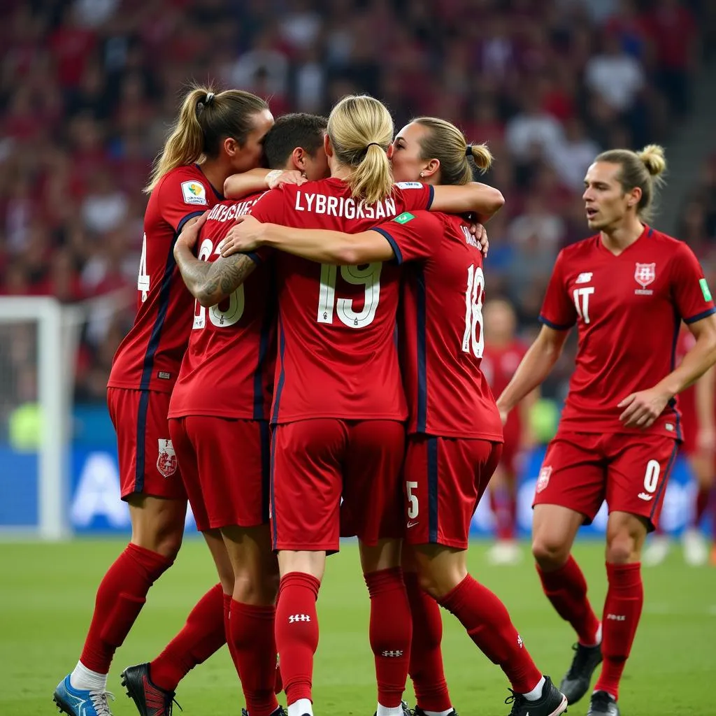 Danish national team players celebrating a goal