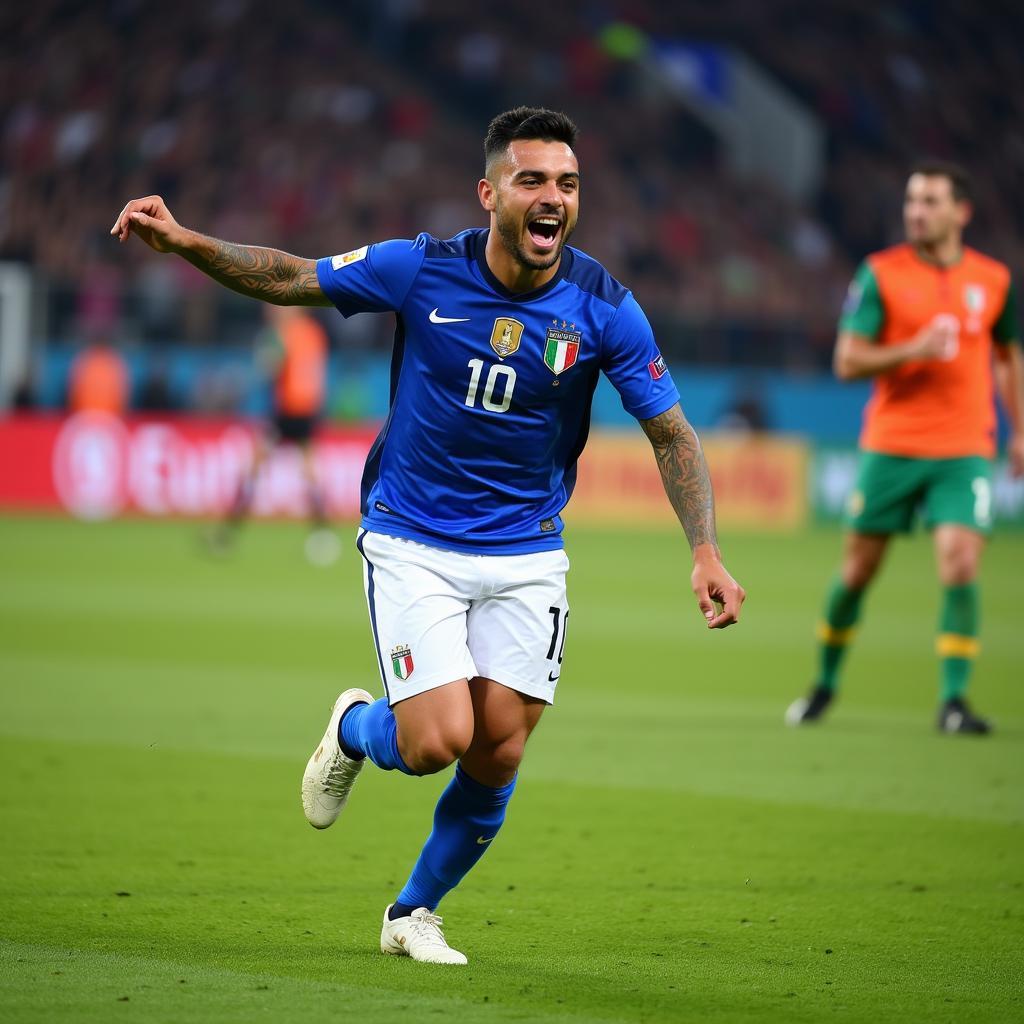 Lorenzo Insigne celebrates a goal for Italy during the UEFA Euro 2020 tournament while wearing the number 10 jersey.