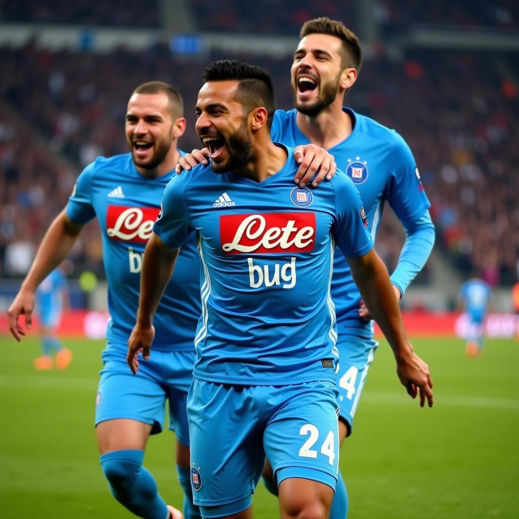 Lorenzo Insigne wearing the number 24 jersey for Napoli, celebrating a goal with his teammates.