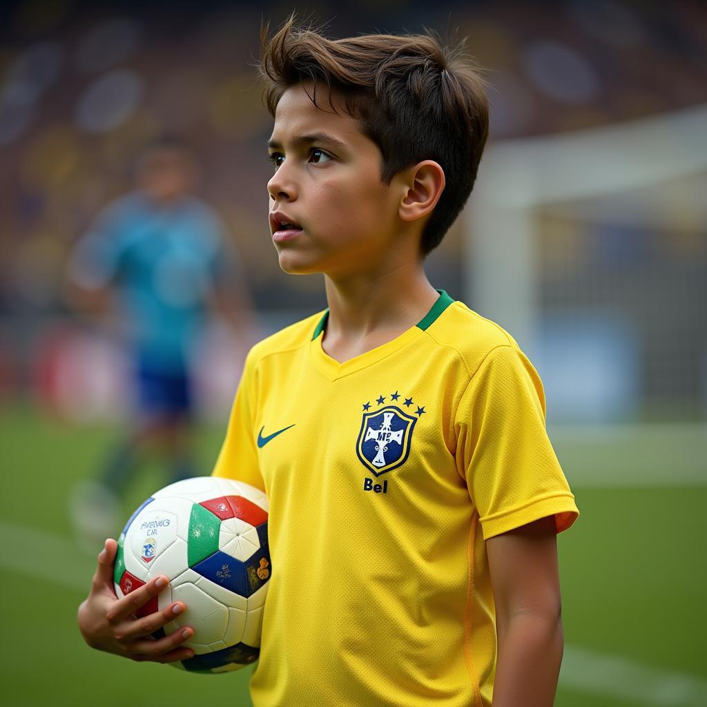 Mateus Vital with a determined look on his face, holding a soccer ball