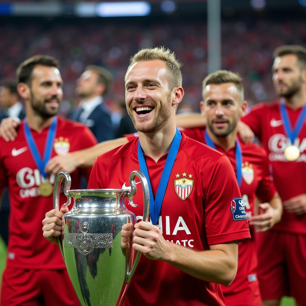 Michael Krohn-Dehli ăn mừng chức vô địch Europa League cùng Sevilla