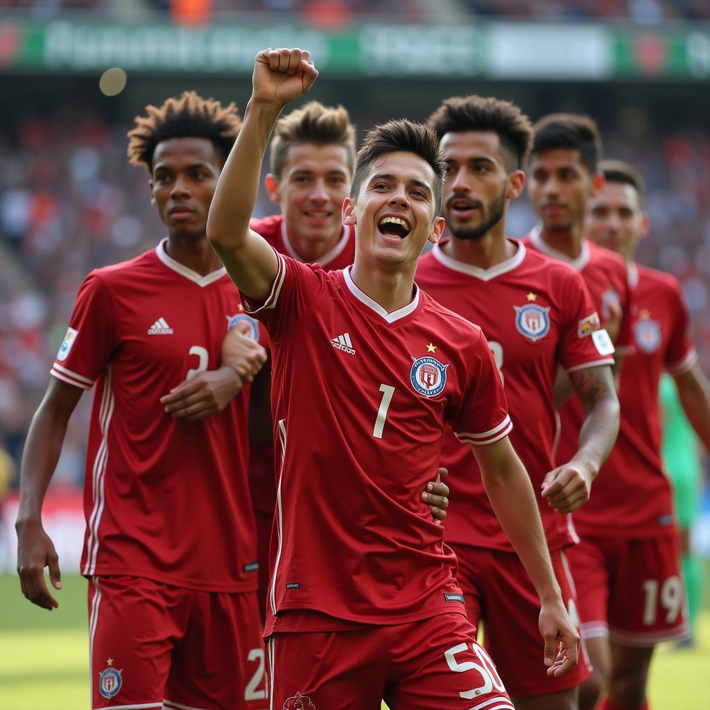 Miguel Moya celebrates a goal with teammates