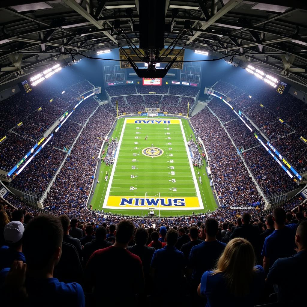 Aerial view of a bustling Navy football stadium during a game