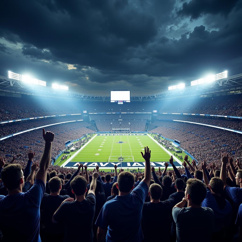 A roaring crowd of Navy fans cheering during a game