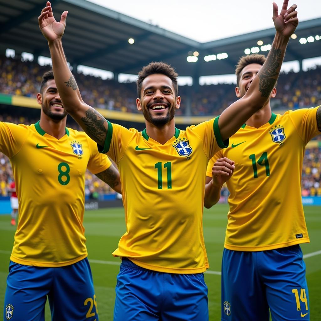 Neymar Jr. celebrating a goal with his Brazilian national teammates