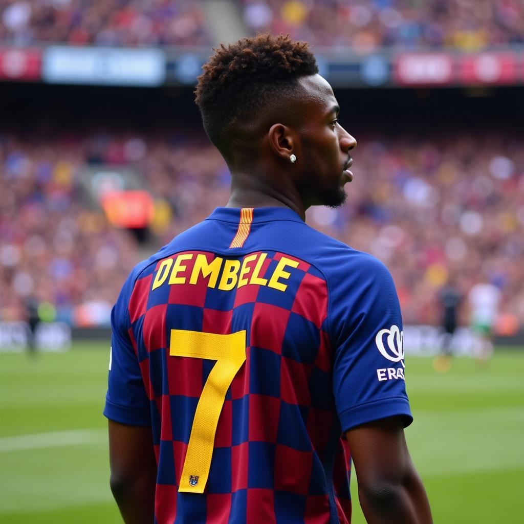 Ousmane Dembele in his Barcelona jersey, number 7.