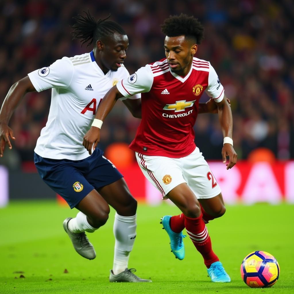 Ousmane Dembele skillfully dribbling past a defender during a match.