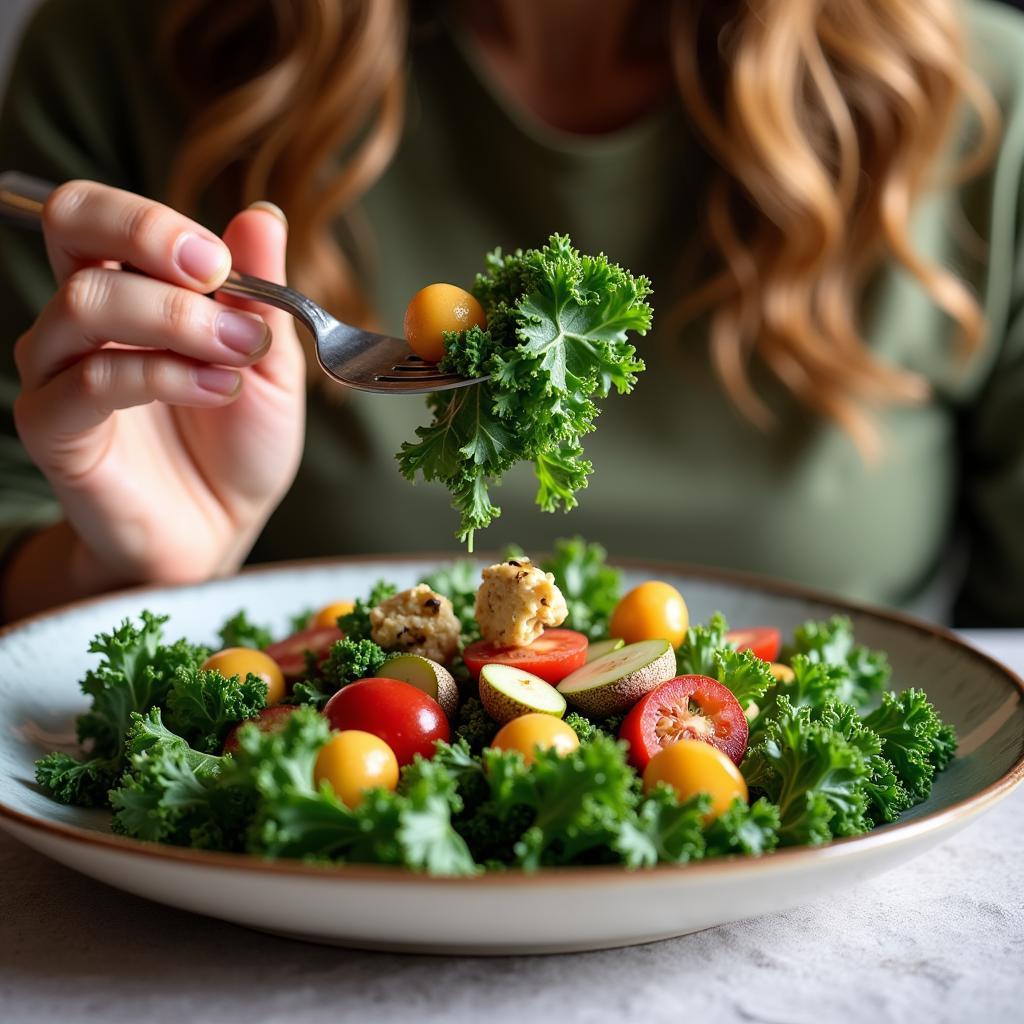 Person enjoying a kale salad