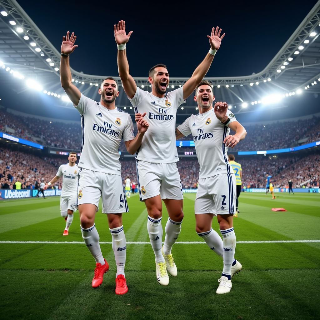 Cầu thủ Real Madrid ăn mừng chiến thắng trên sân Santiago Bernabéu