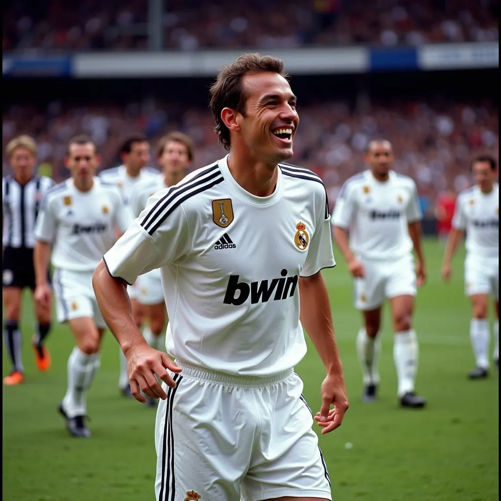 Roberto Carlos celebrating a goal with Real Madrid teammates