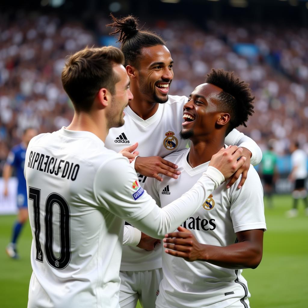 Rodrygo ăn mừng bàn thắng cùng đồng đội