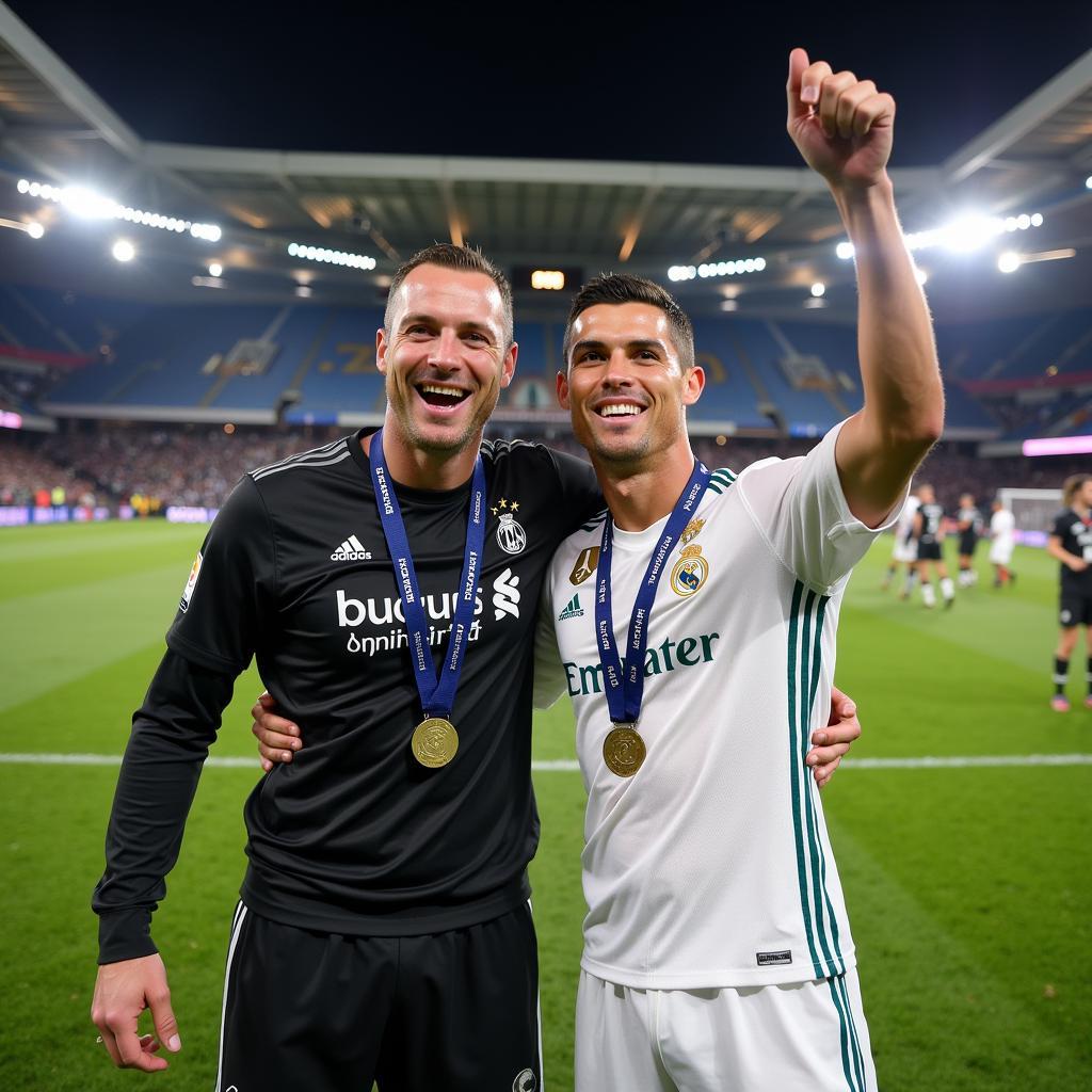 Cristiano Ronaldo lifting the Champions League trophy with Hugo Bachrach by his side 