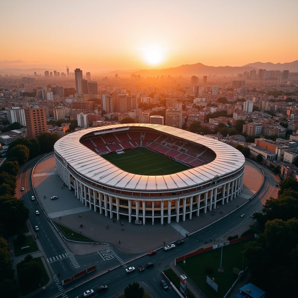 Estadio Kempes Stadium: A panoramic view of the iconic venue bathed in the golden glow of the setting sun