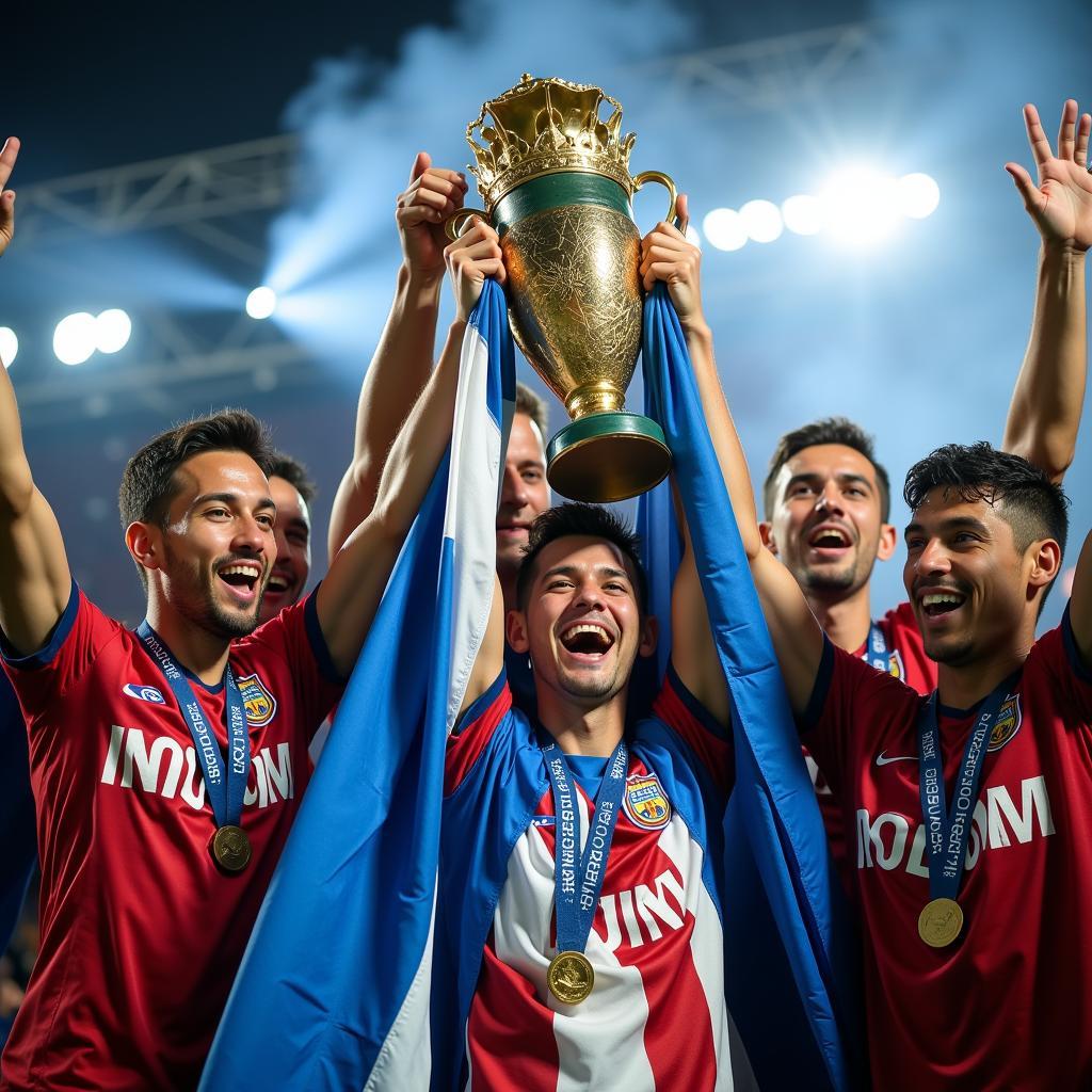 San Lorenzo soccer team lifting the Copa Libertadores trophy