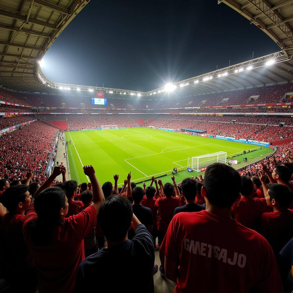 Không khí sôi động trên sân Olympic Stadium Phnom Penh trong một trận đấu bóng đá.