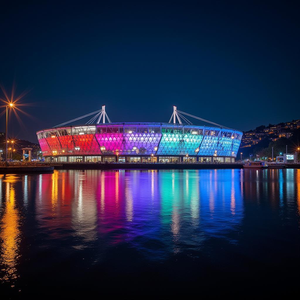 Pendik Stadium Istanbul - Toàn cảnh sân vận động Pendik Stadium lung linh ánh đèn trong đêm tại Istanbul, Thổ Nhĩ Kỳ