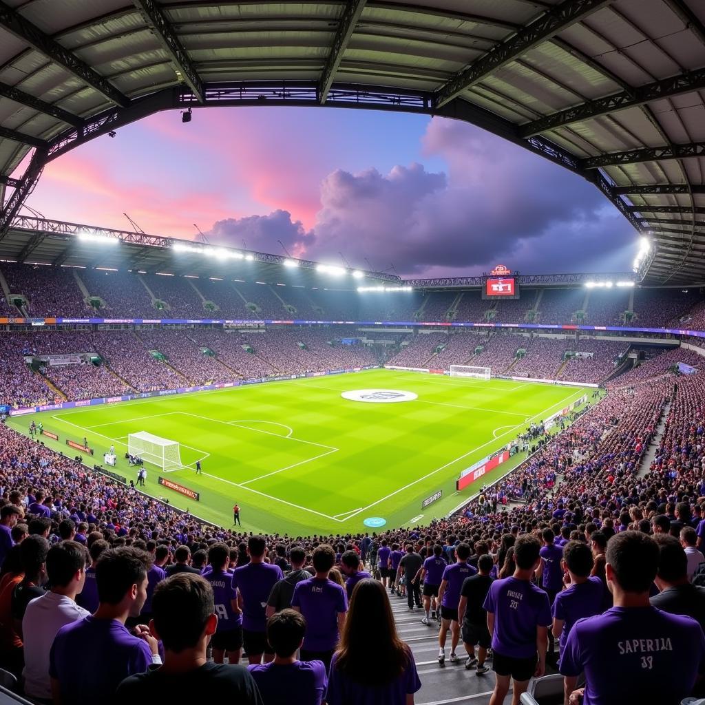 The electrifying atmosphere inside the Ricardo Saprissa Stadium during a Deportivo Saprissa match. The stands are packed with passionate fans, creating a sea of purple and white, the team's colors. The roar of the crowd is deafening, and the energy is palpable.