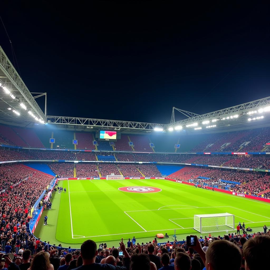 Hình ảnh sân vận động Stade Saputo Stadium trong một trận đấu đêm với khán đài đầy ắp người hâm mộ và ánh đèn sáng rực.