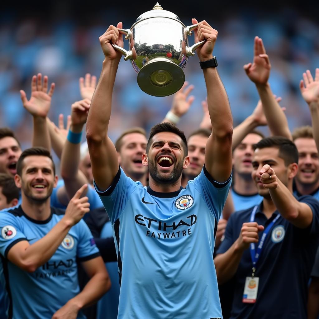 Sergio Aguero celebrating with Manchester City fans