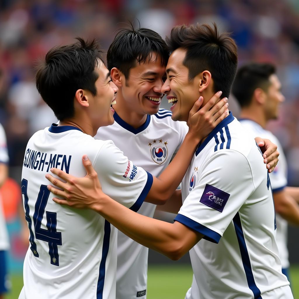 Son Heung-min celebrating a goal with his teammates on the South Korean national team