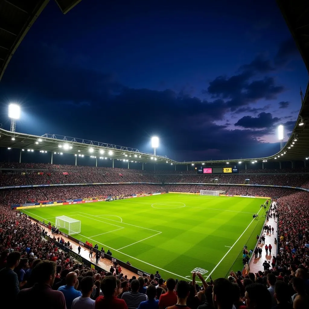 Toàn cảnh Stade de Martyrs về đêm với ánh đèn rực rỡ, sân cỏ xanh mướt và khán đài chật kín khán giả.