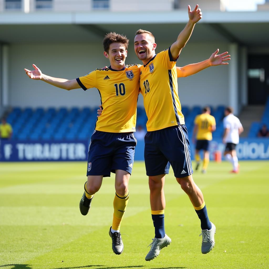 Sverre Halseth Nypan celebrates scoring a goal with his teammate