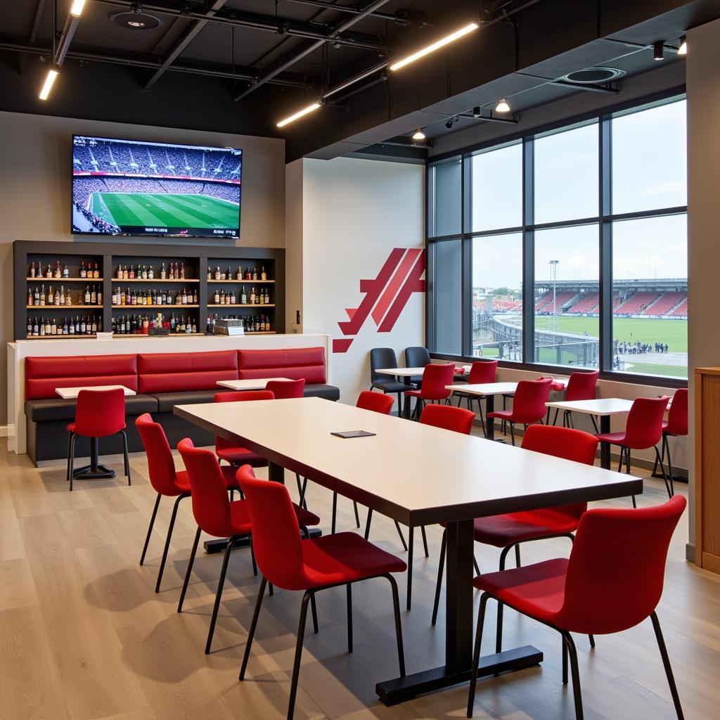 Khu vực tiện ích tại Toyota Field Soccer với quầy bar, khu vực nghỉ ngơi và phòng thay đồ hiện đại.