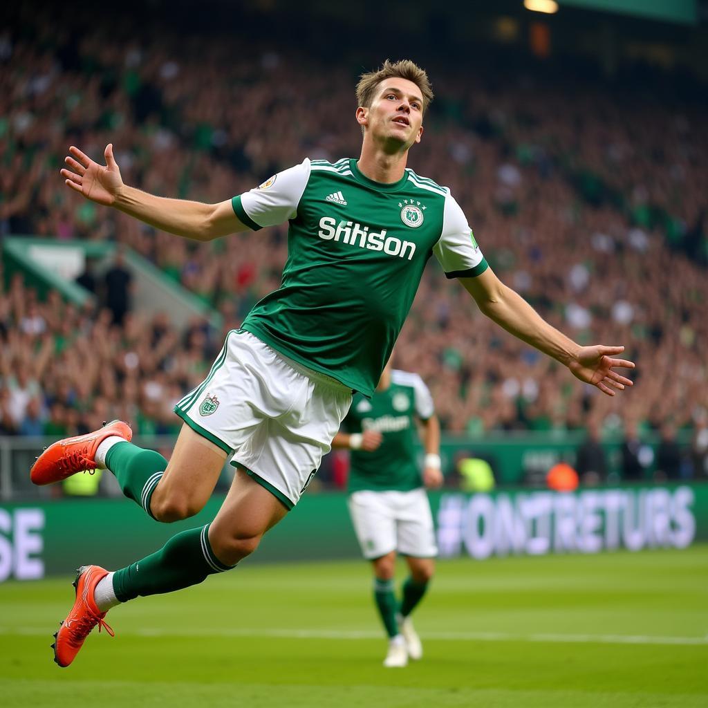 Wout Weghorst ăn mừng bàn thắng trong màu áo Wolfsburg