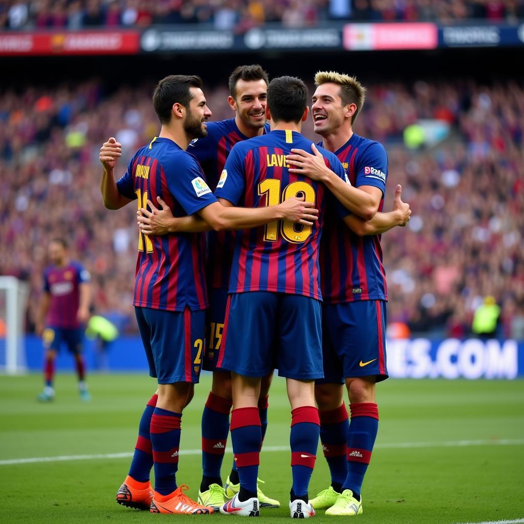 Xavi celebrating a goal with his Barcelona teammates