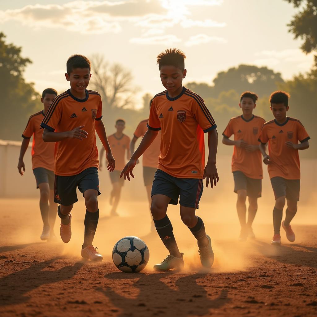 Young Honduran footballers training on a dusty pitch