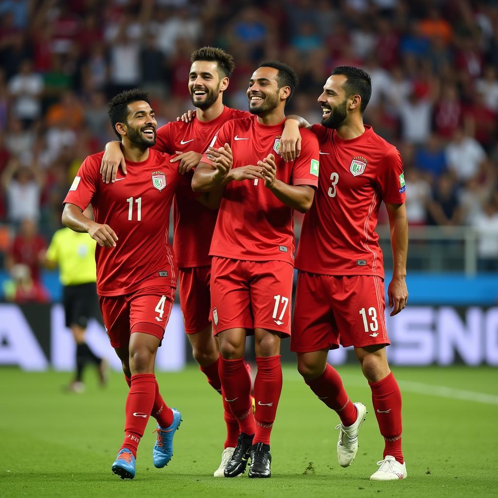 Abdelhamid Sabiri ăn mừng bàn thắng cùng đồng đội tại World Cup
