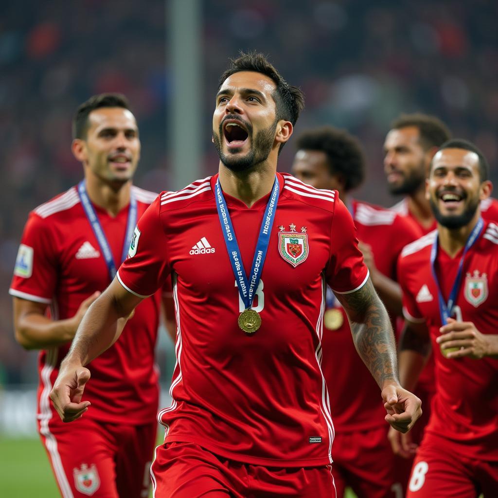Achraf Bencharki trong màu áo Wydad Casablanca ăn mừng chức vô địch CAF Champions League