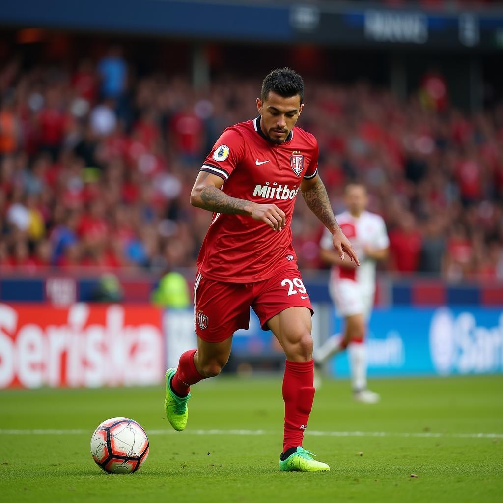 Alexis Peña trong màu áo Necaxa, thể hiện kỹ thuật điêu luyện và tinh thần chiến đấu mạnh mẽ.
